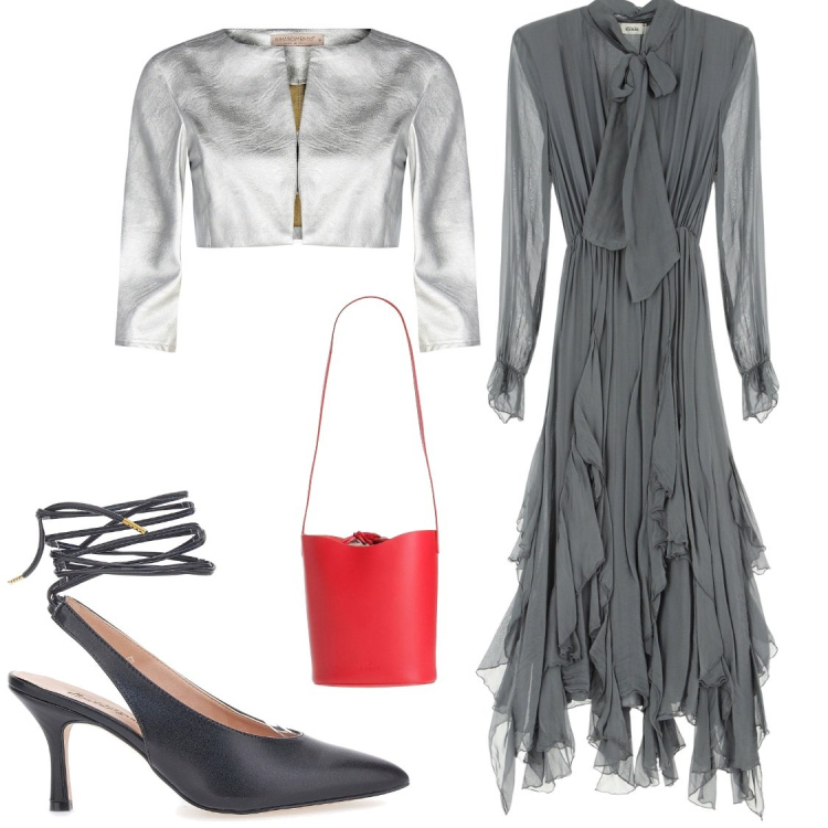 Outfit donna - Streghetta moderna splendida e folle. Stile Chic per Serata fuori. Abbinamento con borse a mano, bolero, vestiti lunghi, décolleté.