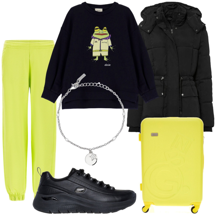 Outfit donna - Ciao ciao. Stile Casual per Tutti i giorni. Abbinamento con piumini, braccialetti con ciondoli, pantaloni, felpe, sneakers, valigie.