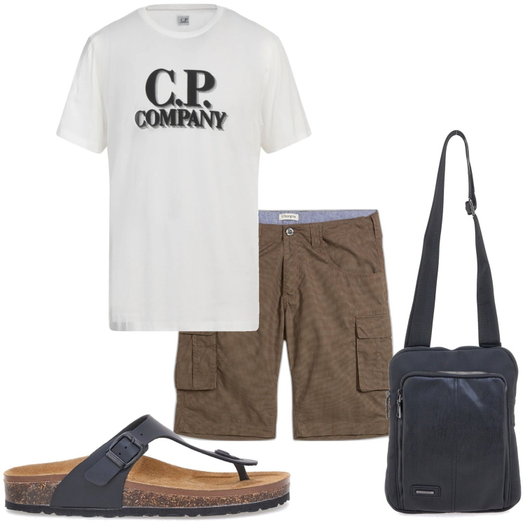 Outfit uomo - Casual in pantaloncino. Stile Casual per Tutti i giorni. Abbinamento con bermuda, t-shirt, portafogli, sandali.