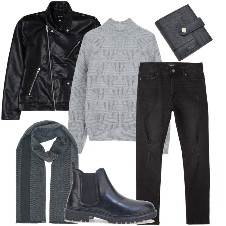 Outfit uomo - Per San Valentino. Stile Biker Rock per Serata speciale. Abbinamento con giacche, jeans strappati, maglieria, stivali e stivaletti, portafogli, sciarpe.