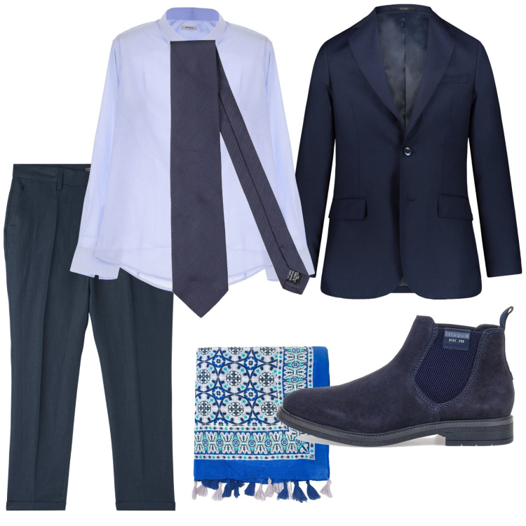 Outfit uomo - Only blu. Stile Urban per Serata speciale. Abbinamento con cravatte, pantaloni chino, camicie, sciarpe, stivali e stivaletti, giacche.