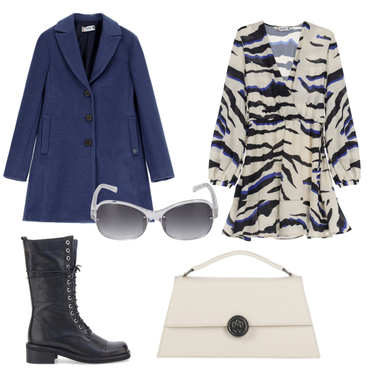 Outfit donna - giro in città. Stile Glamour per Tutti i giorni. Abbinamento con borse a mano, cappotti, vestiti corti, anfibi, occhiali da sole.