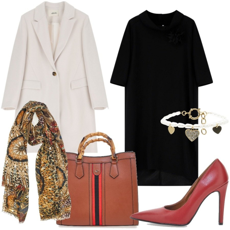 Outfit donna - Pranzo di lavoro. Stile Chic per Tutti i giorni. Abbinamento con vestiti midi/longuette, cappotti, braccialetti, borse a tracolla, décolleté, foulard.