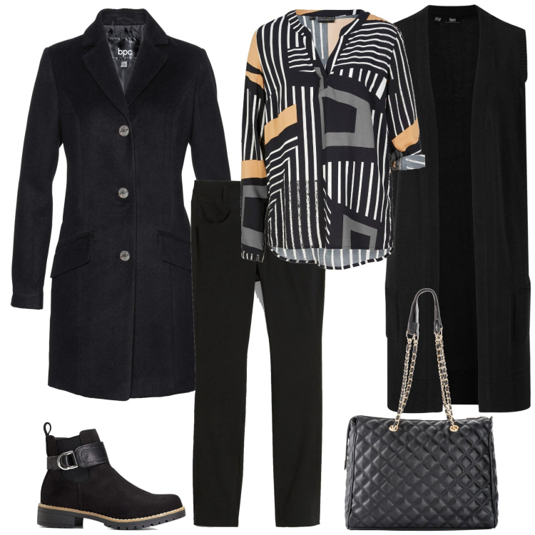 Outfit donna - Cappotto in inverno, gilet in primavera. Stile Basic per Tutti i giorni. Abbinamento con maglieria, pantaloni, shopping bag, stivaletti, tuniche, cappotti.