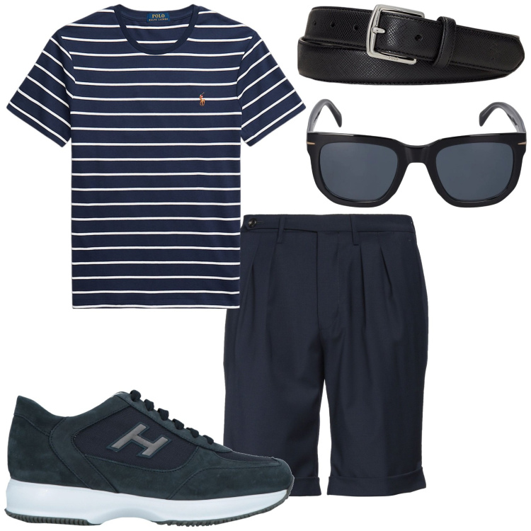 Outfit uomo - Alla marinara. Stile Urban per Tutti i giorni. Abbinamento con sneakers, shorts, cinture, t-shirt, occhiali da sole.