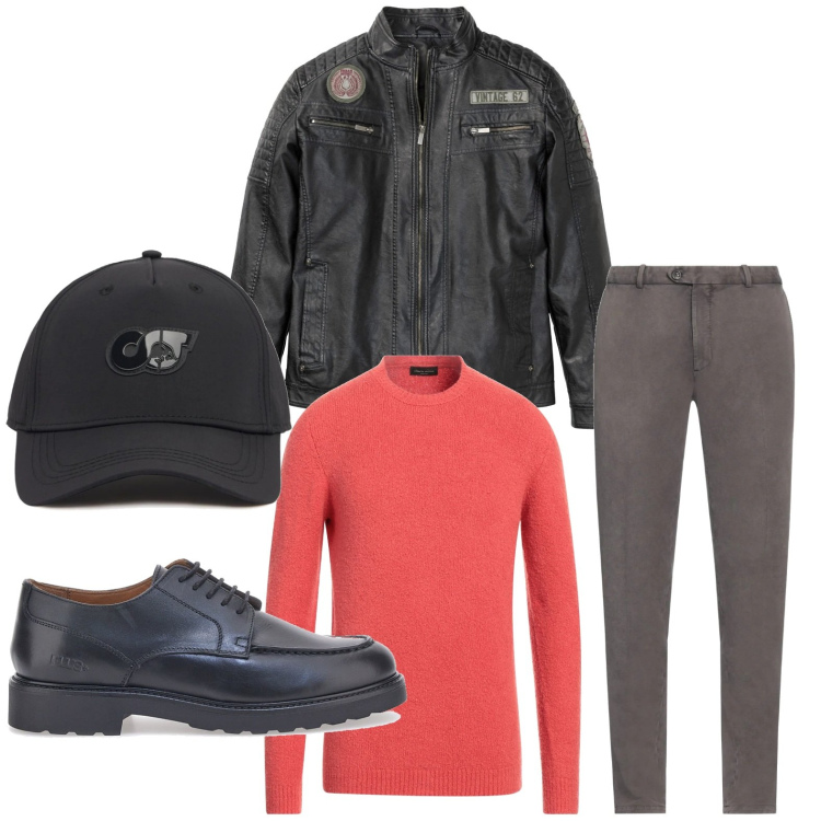 Outfit uomo - Biker e stringate. Stile Urban per Serata speciale. Abbinamento con giacche, pantaloni, pullovers, scarpe stringate, cappelli.