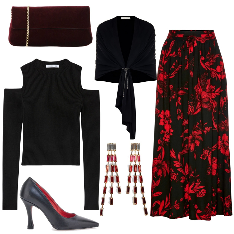 Outfit donna - Fiori rossi a Carnevale. Stile Casual chic per Serata fuori. Abbinamento con orecchini, gonne lunghe, maglieria, stole, pochette, décolleté.