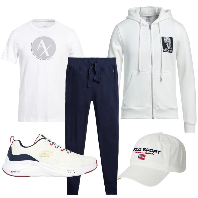 Outfit uomo - Giornata sportiva. Stile Urban per Sport. Abbinamento con felpe con cappuccio, t-shirt, pantaloni, berretti, sneakers.