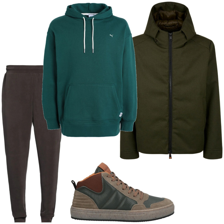Outfit uomo - Minimal sporty. Stile Urban per Sport. Abbinamento con sneakers alte, felpe con cappuccio, pantaloni, giacche.