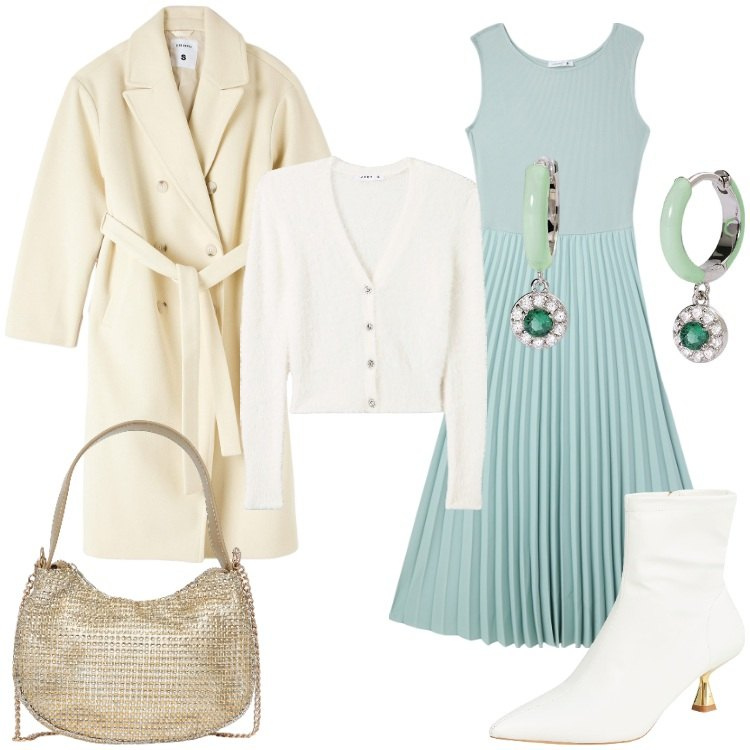 Outfit donna - Terranova - San Valentino. Stile Romantica per Serata fuori. Abbinamento con vestiti lunghi, stivaletti, cappotti, cardigans, borse a spalla, orecchini.