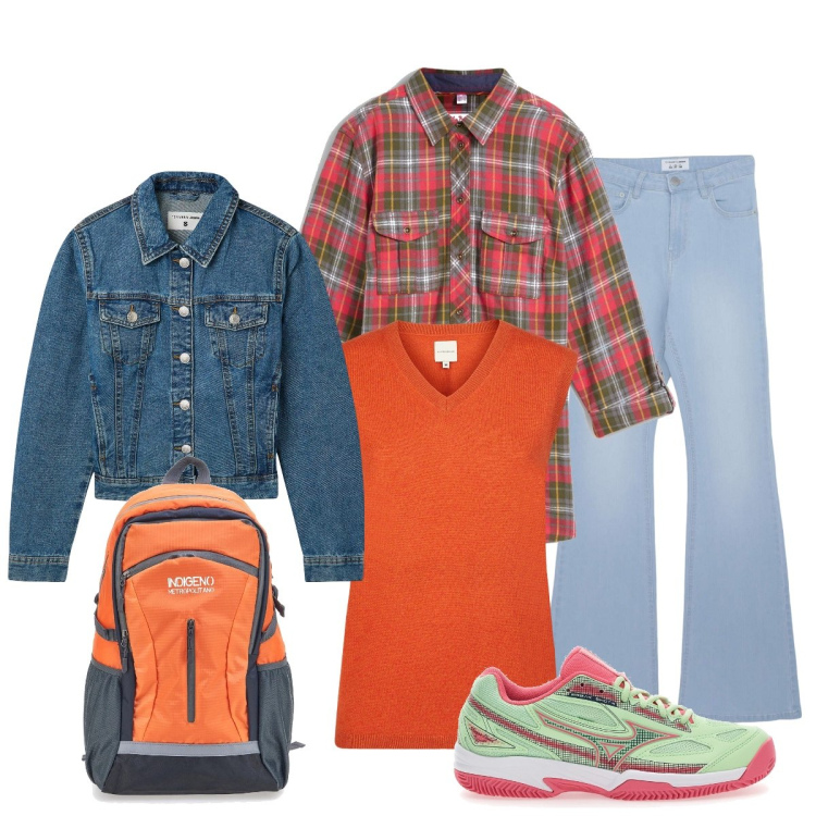 Outfit donna - Pratica per viaggiare. Stile Casual per Tutti i giorni. Abbinamento con camicie, jeans a zampa, blazer, sneakers, zaini, maglieria.