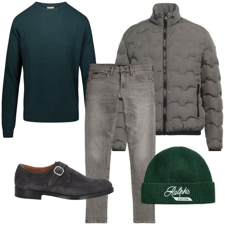 Outfit uomo - Verde bosco. Stile Urban per Ufficio. Abbinamento con piumini, scarpe stringate, jeans, berretti, maglieria.