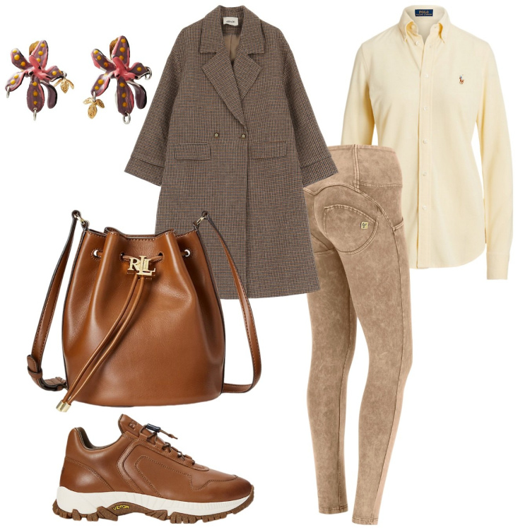Outfit donna - Al bar con le amiche. Stile Casual chic per Tutti i giorni. Abbinamento con orecchini, pantaloni skinny, cappotti, sneakers, borse a secchiello, camicie.