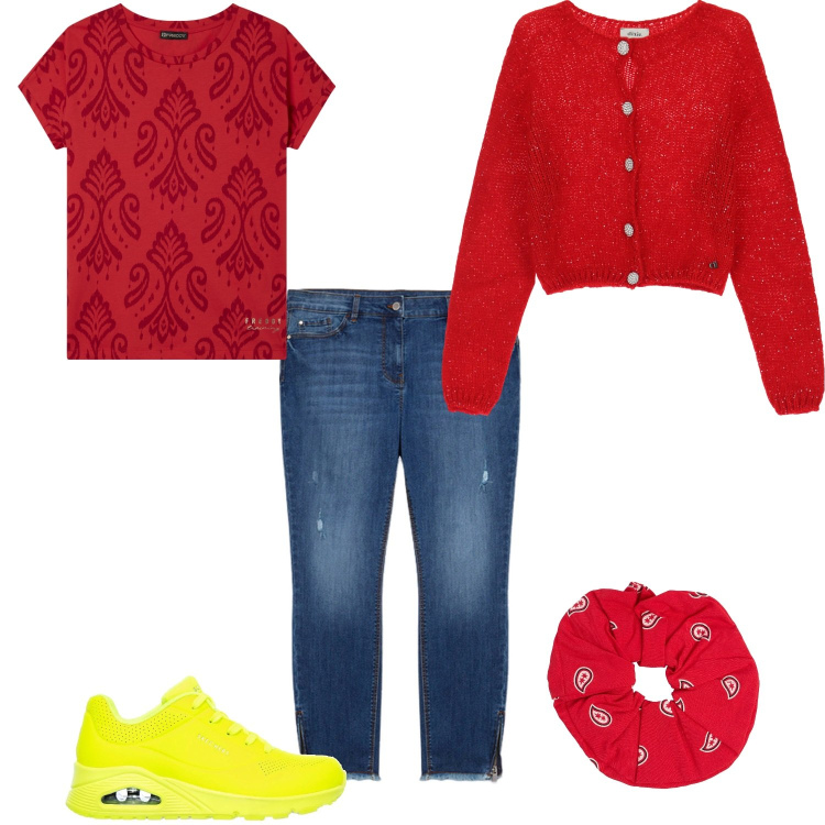 Outfit donna - Total look #2051824. Abbinamento con t-shirt, cardigans, sneakers, accessori per capelli, jeans strappati.