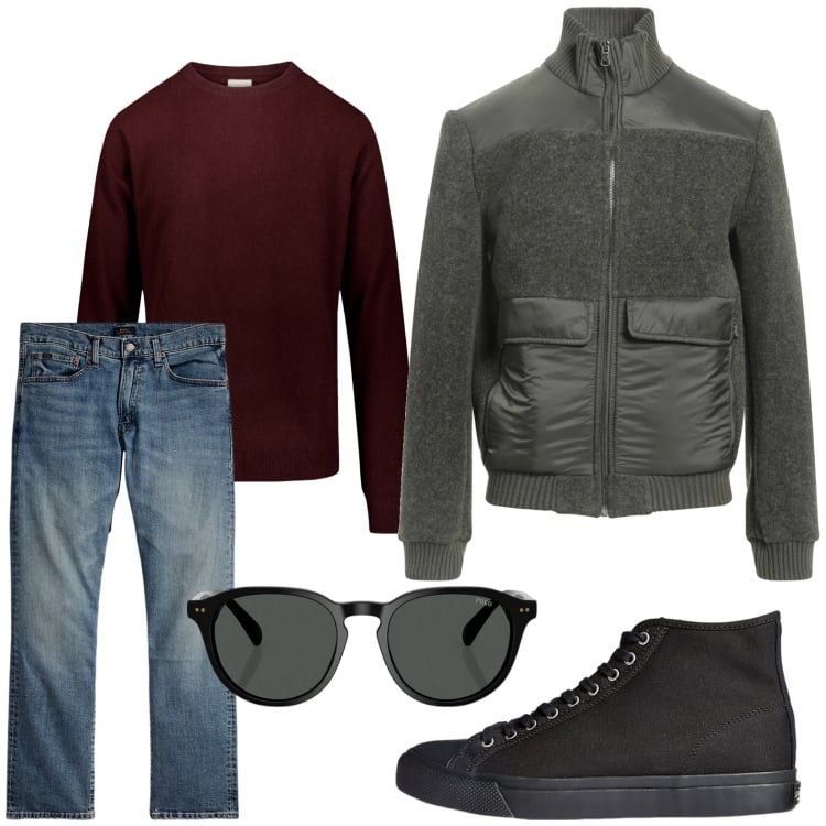 Outfit uomo - Urban. Stile Urban per Ufficio. Abbinamento con giacche, sneakers, jeans dritti, occhiali da sole, maglieria.