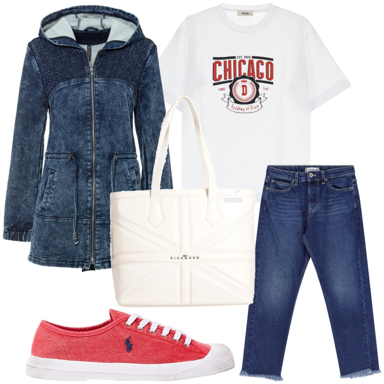 Outfit donna - Total denim. Stile Trendy per Scuola/Università. Abbinamento con parka, borse a spalla, jeans dritti, t-shirt, sneakers.