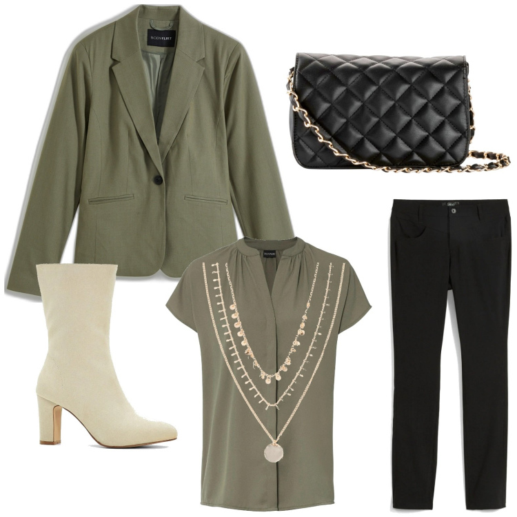 Outfit donna - bonprix - Focus on: Essentials. Stile Minimal per Ufficio. Abbinamento con bluse, blazer, collane, pantaloni, borse a tracolla, stivaletti.