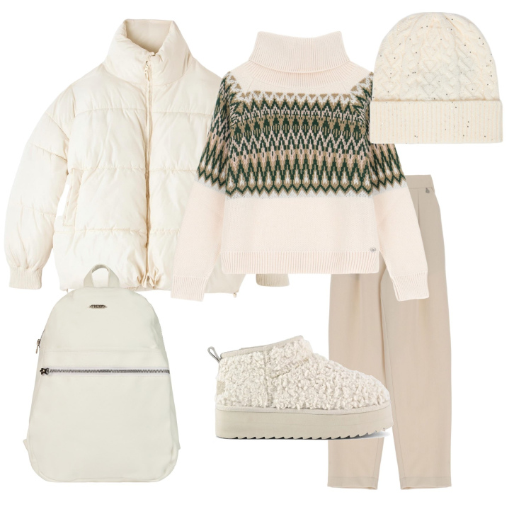 Outfit donna - Total look #2051842. Stile Casual per Scuola/Università. Abbinamento con piumini, maglieria, pantaloni, zaini, stivaletti, cappelli.