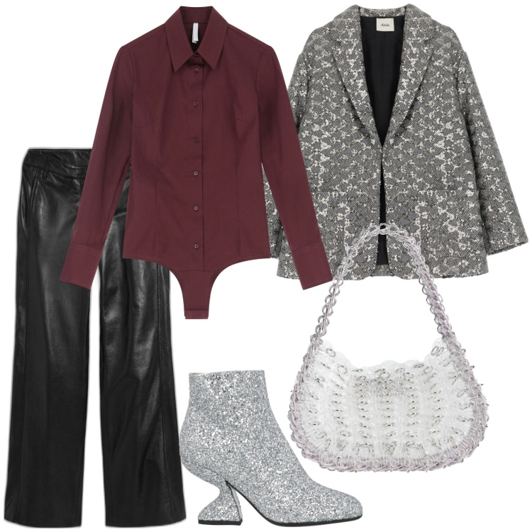 Outfit donna - Dettagli metallici per brillare. Stile Urban per Serata fuori. Abbinamento con pantaloni, stivaletti, borse a mano, body, blazer.