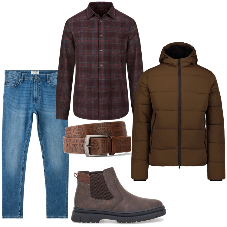 Outfit uomo - Jeans e brown. Stile Casual per Tutti i giorni. Abbinamento con cinture, jeans skinny, piumini, stivali e stivaletti, camicie.