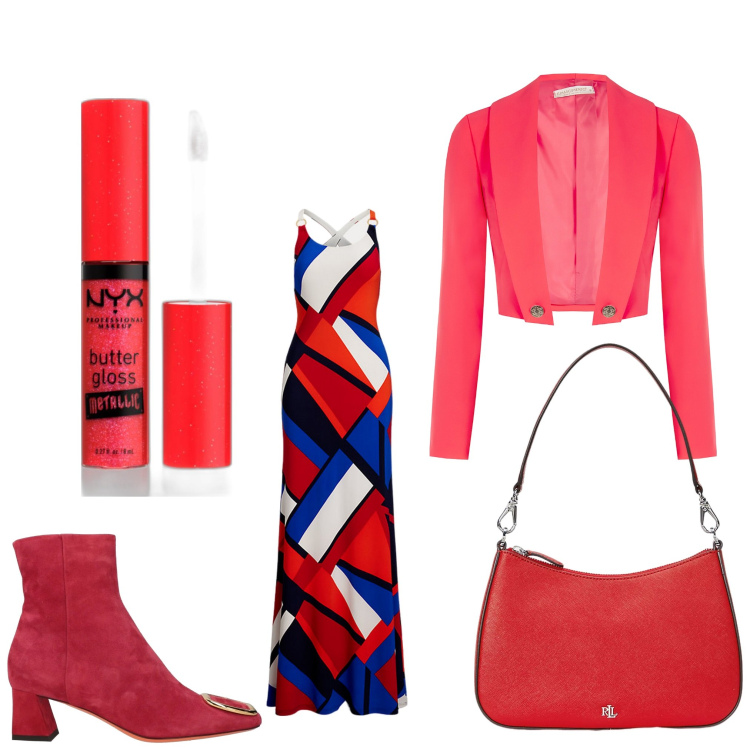 Outfit donna - Geometria. Stile Casual chic per Serata fuori. Abbinamento con stivaletti, gloss, bolero, vestiti, borse a spalla.