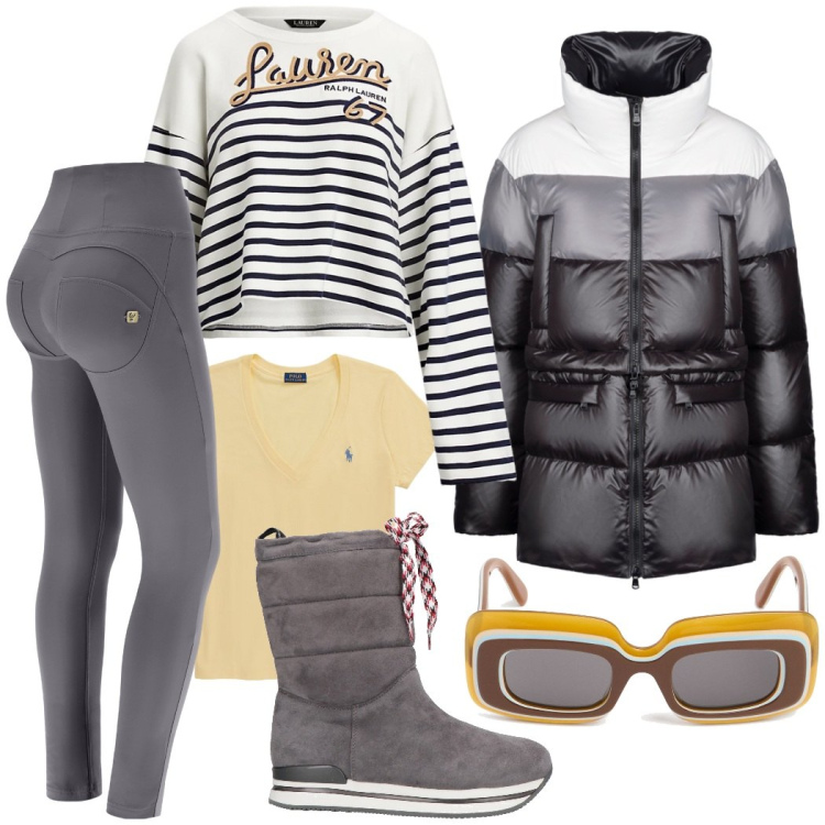 Outfit donna - Fine settimana in montagna. Stile Sporty chic per Sport. Abbinamento con stivaletti, pantaloni skinny, piumini, felpe, t-shirt, occhiali da sole.
