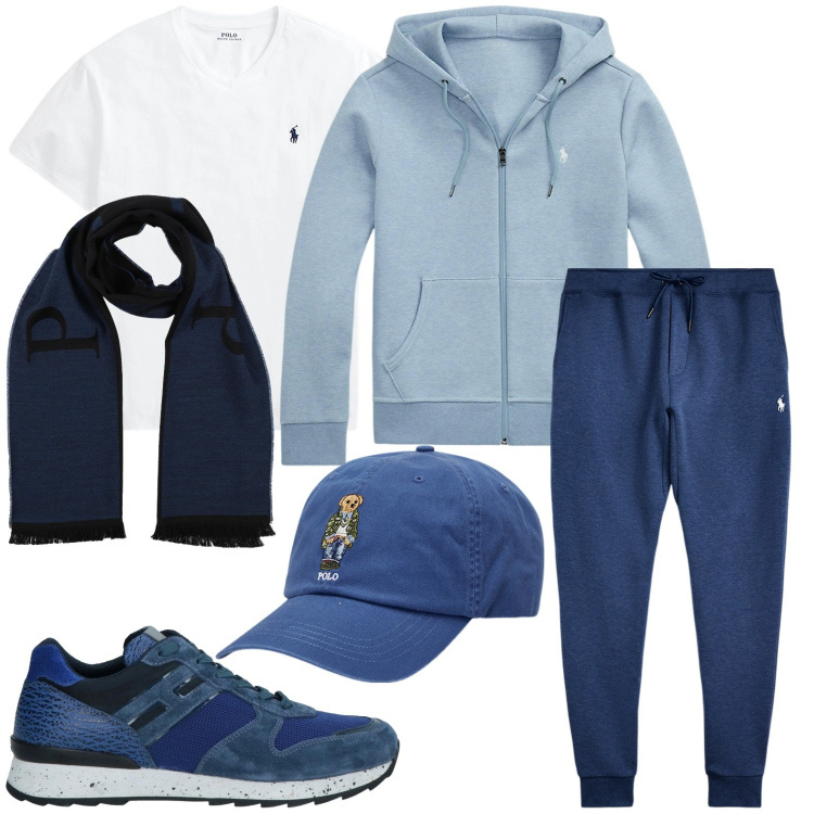 Outfit uomo - Nuance oceano. Stile Urban per Sport. Abbinamento con sciarpe, sneakers, felpe, pantaloni, t-shirt, cappelli.