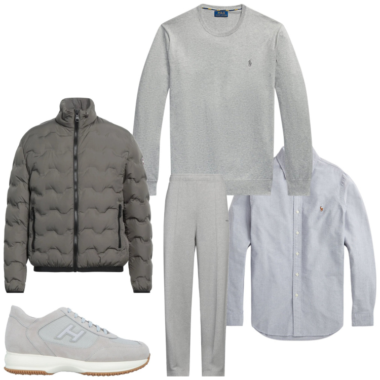 Outfit uomo - In grigio. Stile Casual per Ufficio. Abbinamento con piumini, sneakers, pantaloni, camicie, maglieria.