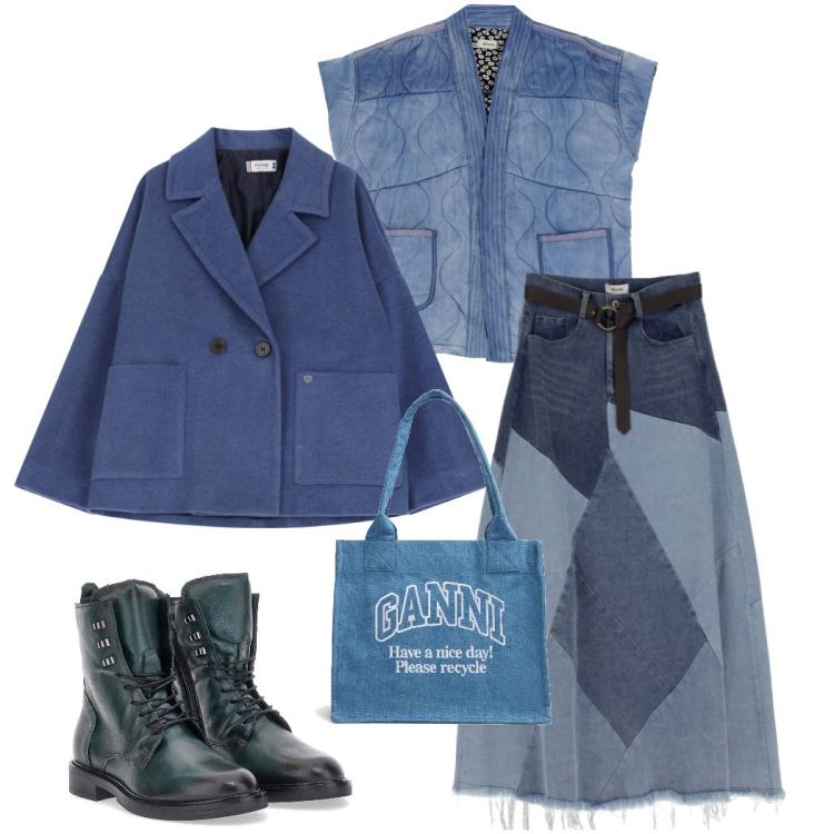 Outfit donna - Total denim. Stile Glamour per Serata fuori. Abbinamento con blazer, camicie, gonne longuette, anfibi, shopping bag.