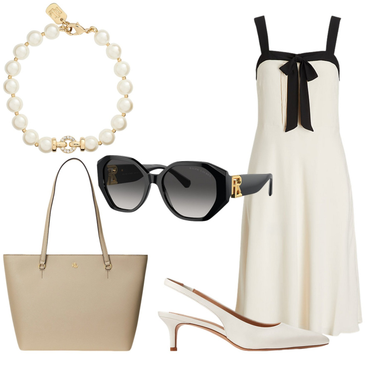 Outfit donna - Colazione da Tiffany. Stile Bon Ton per Tutti i giorni. Abbinamento con borse tote, vestiti senza maniche, décolleté, braccialetti, occhiali da sole.