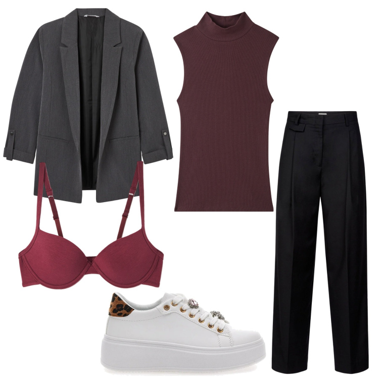 Outfit donna - Civettuola. Stile Casual per Ufficio. Abbinamento con blazer, top, reggiseni, pantaloni, sneakers.