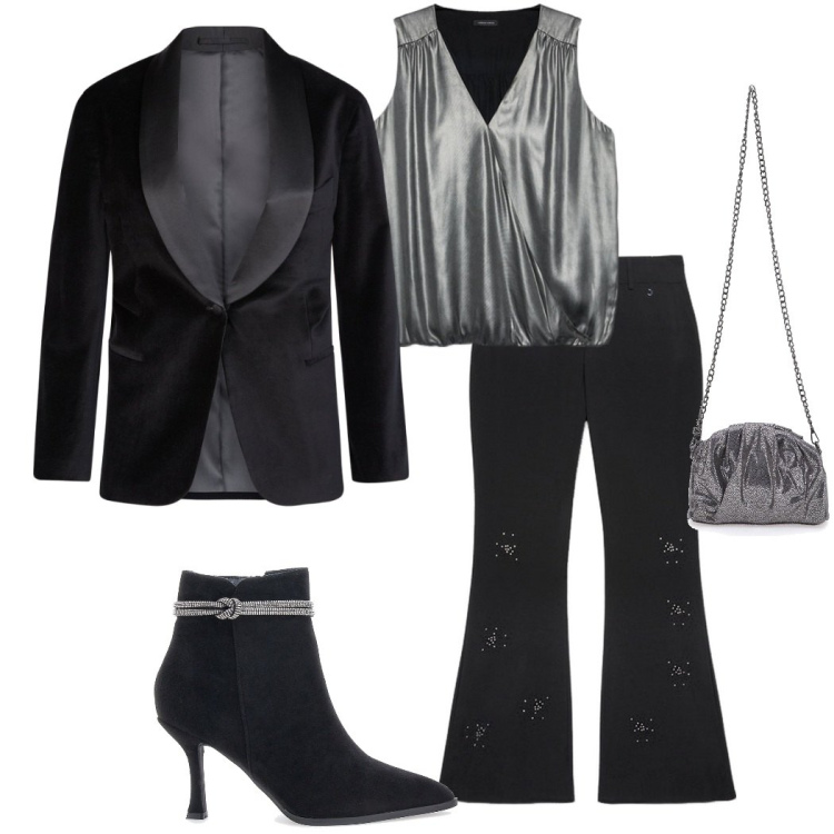 Outfit donna - Dettagli per brillare. Stile Chic per Serata fuori. Abbinamento con stivaletti, pantaloni, top, blazer, pochette.