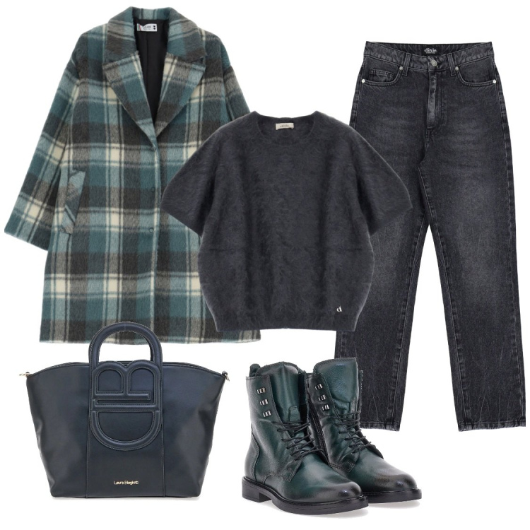 Outfit donna - Verde e grigio in sintonia. Stile Casual per Tutti i giorni. Abbinamento con cappotti, jeans, pullovers, anfibi, borse a tracolla.