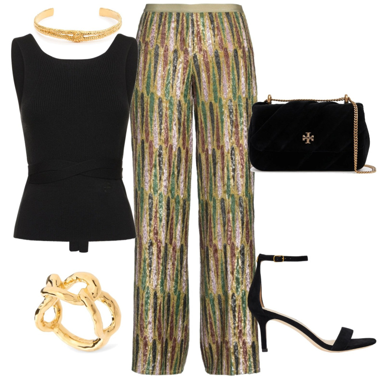 Outfit donna - Festa compleanno. Stile Chic per Serata fuori. Abbinamento con pantaloni, sandali in pelle, top, borse a spalla, collane, anelli.