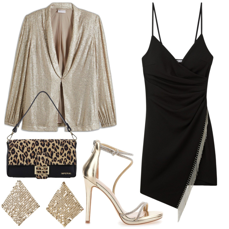 Outfit donna - Brillare. Stile Glamour per Serata fuori. Abbinamento con blazer, vestiti corti, orecchini, borse a spalla, sandali col tacco.