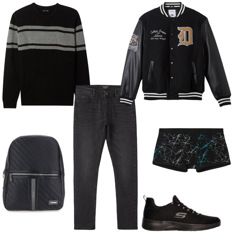 Outfit uomo - Black is back. Stile Urban per Tutti i giorni. Abbinamento con bomber, jeans skinny, boxer, maglieria, borse sportive, sneakers.