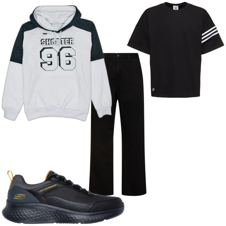 Outfit uomo - Nero sportivo. Stile Casual per Tutti i giorni. Abbinamento con felpe con cappuccio, jeans, t-shirt, sneakers.