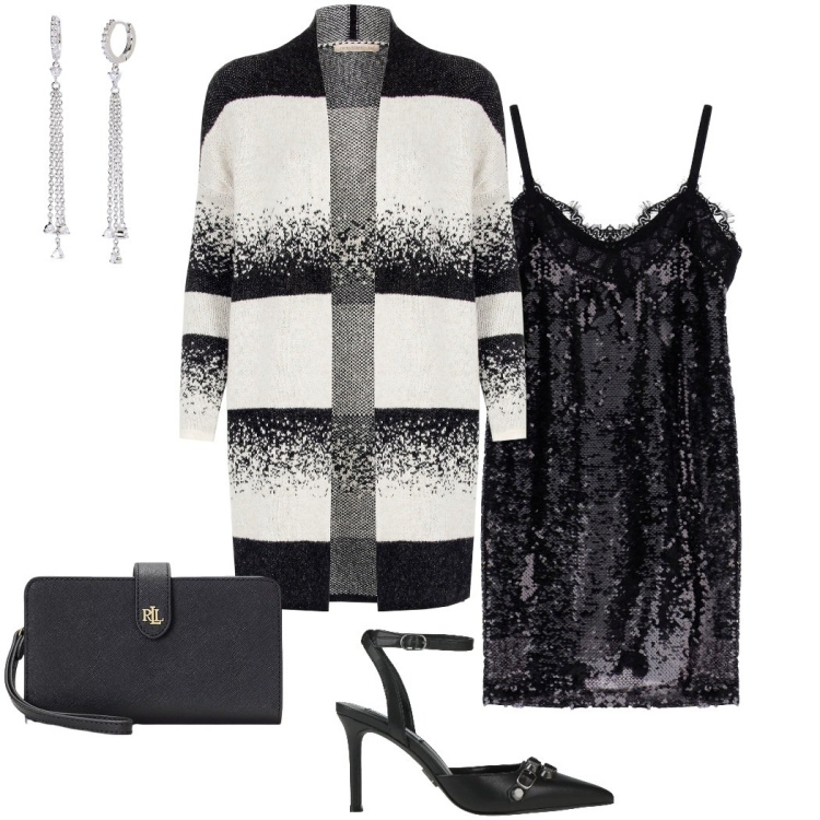 Outfit donna - Dettagli per brillare. Stile Chic per Serata fuori. Abbinamento con décolleté, vestiti corti, orecchini, cardigans, pochette.