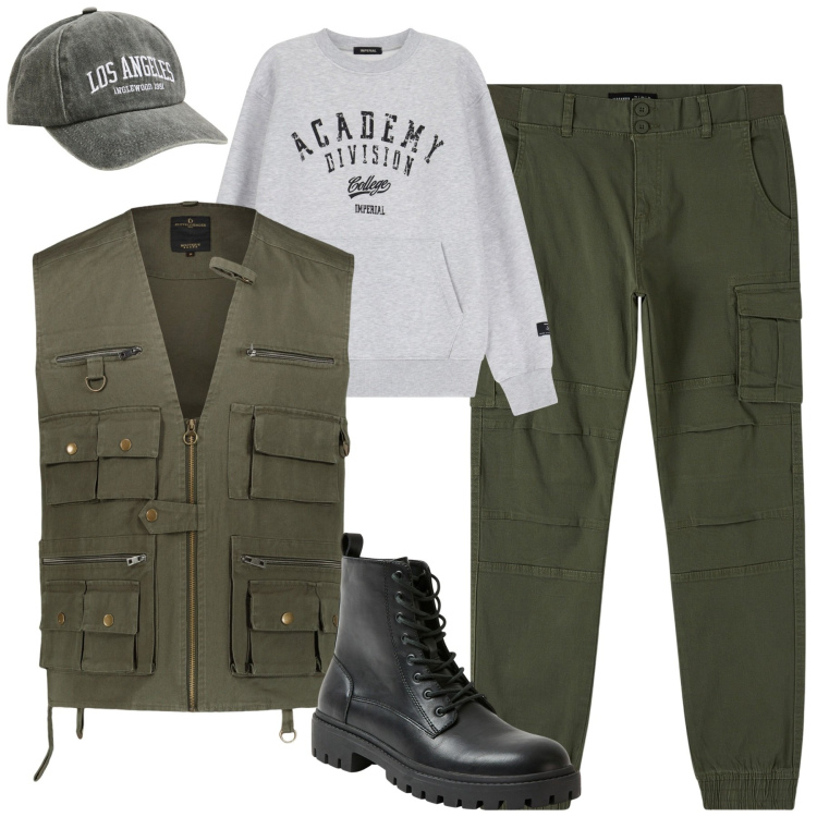 Outfit uomo - Utility. Stile Casual per Tutti i giorni. Abbinamento con cappelli, pantaloni cargo, anfibi, felpe, gilet.