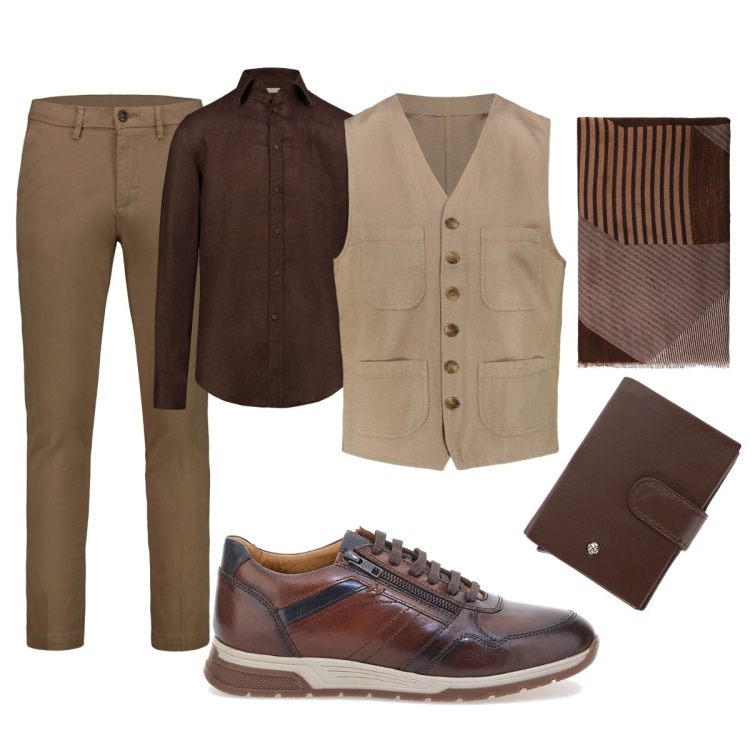 Outfit uomo - Total look con il gilet. Stile Trendy per Tutti i giorni. Abbinamento con sciarpe, portafogli, pantaloni chino, camicie, gilet, scarpe stringate.