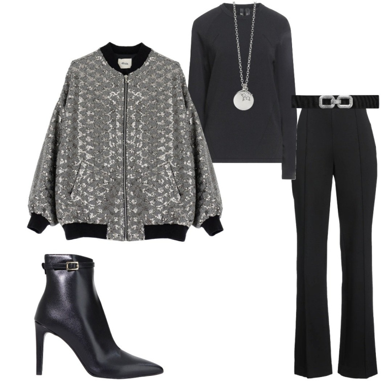 Outfit donna - Dettagli per brillare. Stile Casual chic per Serata fuori. Abbinamento con pantaloni, pullovers, ciondoli, cinture, stivaletti, bomber.