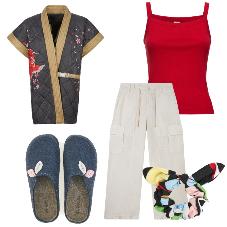 Outfit donna - Kimono. Stile Basic per Tutti i giorni. Abbinamento con pantaloni cargo, kimono, pantofole, canottiere, accessori per capelli.