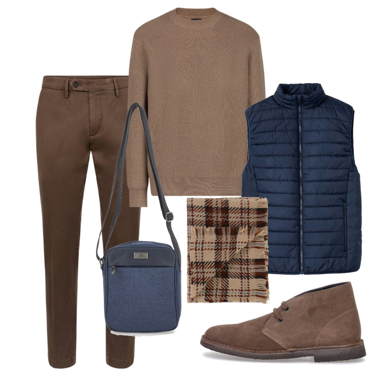 Outfit uomo - Gilet trapuntato!. Stile Casual per Tutti i giorni. Abbinamento con gilet, sciarpe, pantaloni chino, maglieria, portafogli, scarpe stringate.
