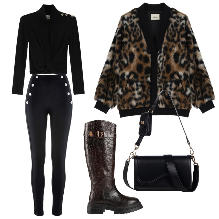 Outfit donna - Look. Stile Casual chic per Serata fuori. Abbinamento con leggings, stivali, pochette, blazer, maglieria.