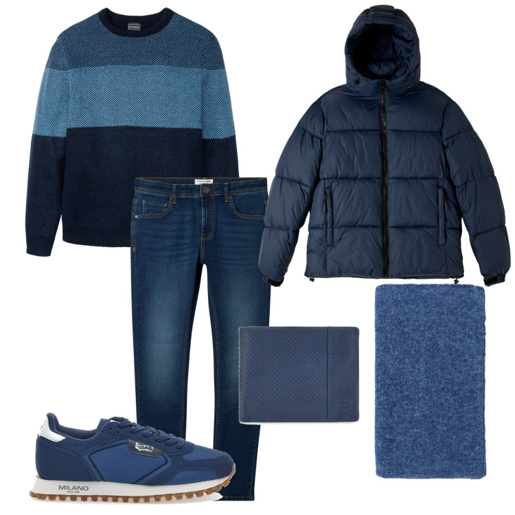 Outfit uomo - monocromatico in blu. Stile Urban per Tutti i giorni. Abbinamento con maglieria, piumini, jeans skinny, sciarpe, sneakers, portafogli.