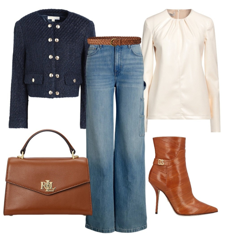Outfit donna - Elegante comodità. Stile Bon Ton per Tutti i giorni. Abbinamento con blazer, stivaletti, top, borse a mano, jeans, cinture.