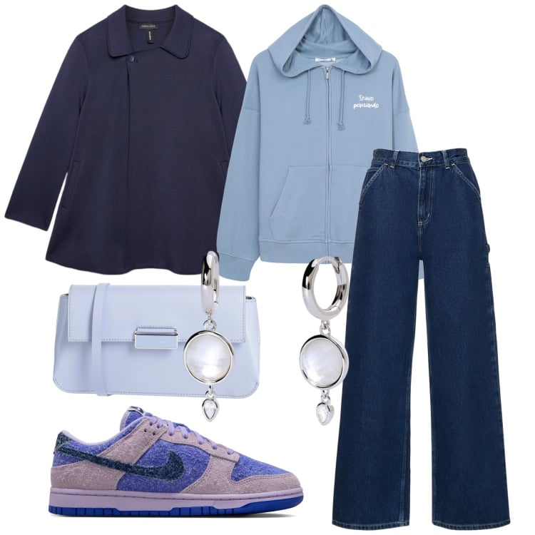 Outfit donna - Hidrangea. Stile Casual per Tutti i giorni. Abbinamento con borse a tracolla, cappotti, orecchini, felpe con cappuccio, sneakers, pantaloni.