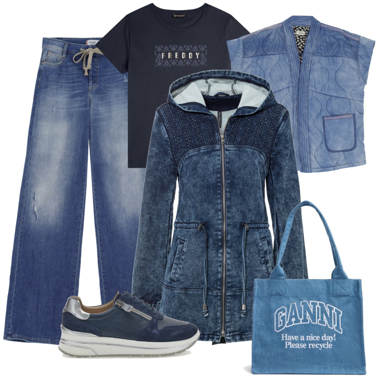 Outfit donna - Denim in città - @jsabelle. Stile Casual per Tutti i giorni. Abbinamento con parka, jeans a zampa, t-shirt, camicie, scarpe stringate, shopping bag.
