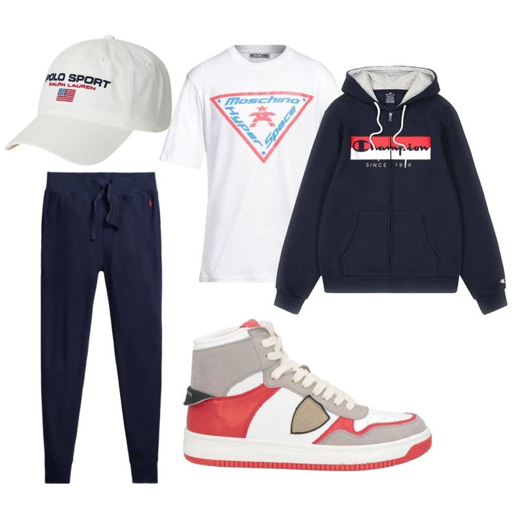 Outfit uomo - Total look #2052016. Stile Trendy per Sport. Abbinamento con sneakers alte, t-shirt, pantaloni, berretti, felpe con cappuccio.