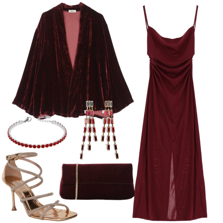 Outfit donna - Total look #2052017. Stile Sexy per Serata fuori. Abbinamento con orecchini, sandali col tacco, vestiti midi/longuette, braccialetti, blazer, pochette.